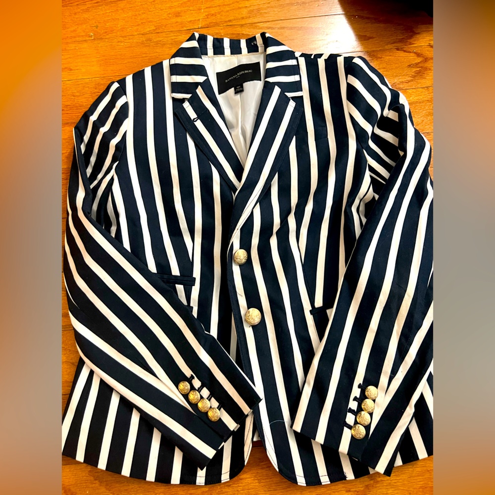 Blue and white stripped Banana Republic blazer with gold buttons